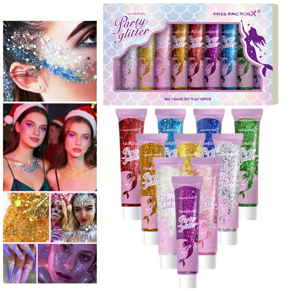 10 Color Set Face & Body Glitter - Cosmetic-Grade Holographic Glitter Gel - Makeup For Festivals, Raves, Anime Cosplay - Safe For Face, Easy Application & Removal