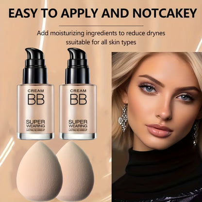 BB Cream and Setting Powder Set 2pcs with Tools Moisturizing Concealer Oil Free Matte Long Lasting Face Makeup for Women Light Natural Skin Tone