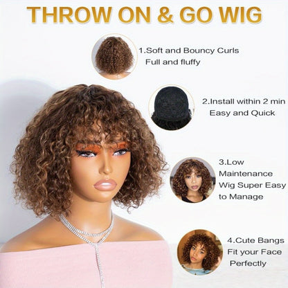 Human Hair Bob Wig Curly Water Wave Glueless Short Wig with Bangs 150% Density Ombre Brown Auburn 12 Inch Beginner Friendly Natural Hairline Daily Wear