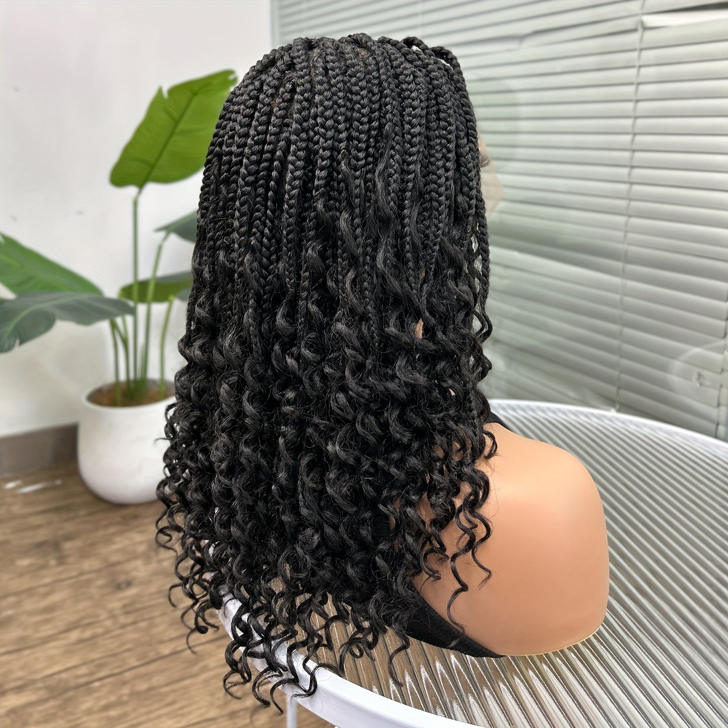 Goddess Braided Wig Knotless Bohemian Square Braid Full Lace Curly Wave Synthetic Wig Women 14-16 Inch Black Burgundy Brown Natural Hairline Protective Style
