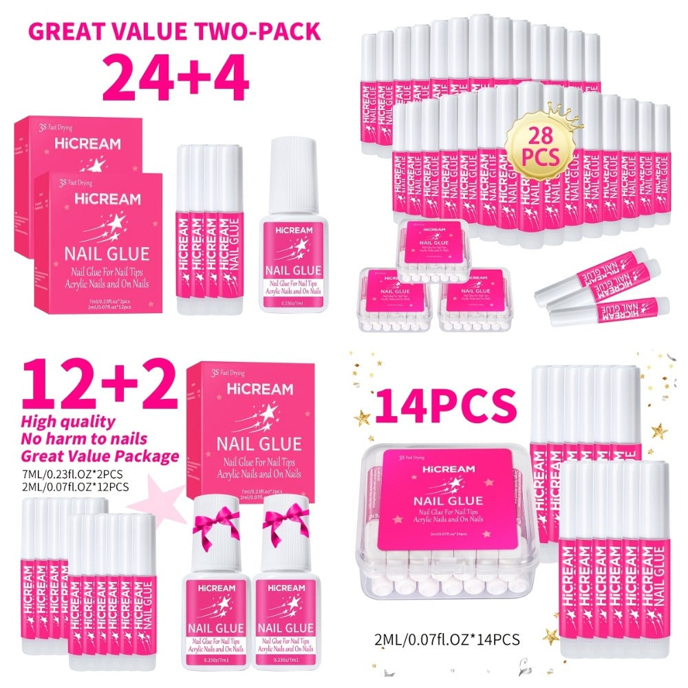 Complete Nail Glue Set - Water-Resistant, Unscented Liquid Adhesive for Press On Nails with 2pcs 0.24oz Brush On Nail Glue & 12pcs 0.07oz Bottles - Perfect for Nail Art And DIY Nail Enhancement (14pcs/28pcs)