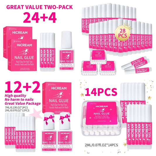 Complete Nail Glue Set - Water-Resistant, Unscented Liquid Adhesive for Press On Nails with 2pcs 0.24oz Brush On Nail Glue & 12pcs 0.07oz Bottles - Perfect for Nail Art And DIY Nail Enhancement (14pcs/28pcs)