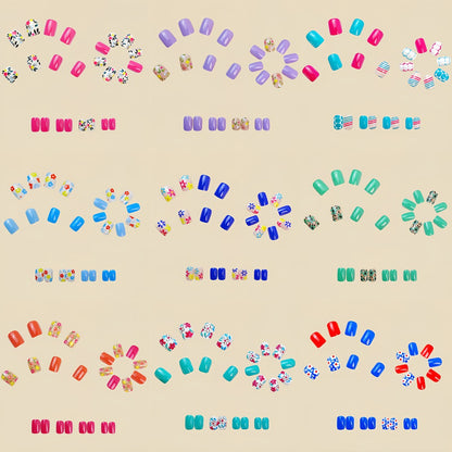 Press On Nails 216 Pieces 9 Packs - Short Floral Fake Nails Spring Summer | Plant Flower Designs Glossy Full Cover False Nail Stickers, Easy Removable Manicure Set for Women Girls