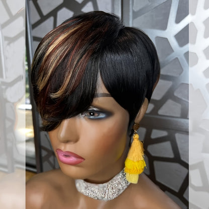 Short Pixie Cut Wig with Bangs Black & Blonde — Layered Style, Brown Blonde Mix, Rose Net Cap, Synthetic Wig for Black Women, 4 Inch Daily Wear