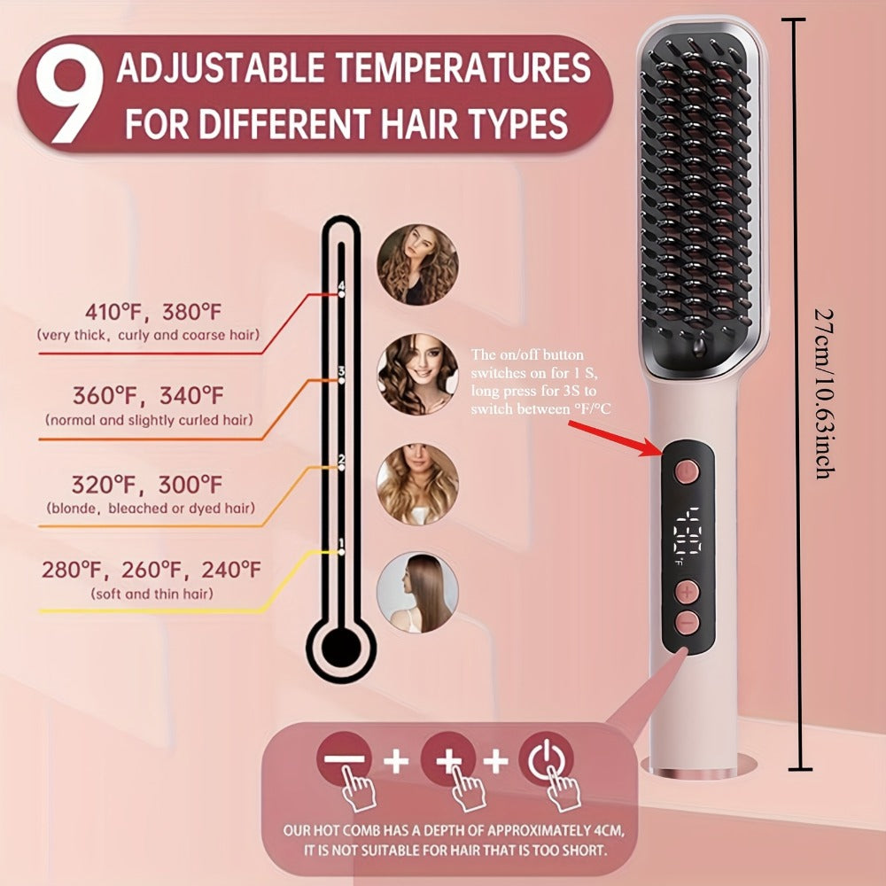 Hair Straightener Brush, 10s Fast Hair Straightener Comb Straightening Brush for Women, LCD Display, 5 Temps Flat Iron Brush, Anti-Scald (Includes Two Extra Clips And One Comb)