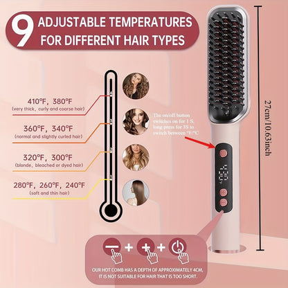 Hair Straightener Brush 10s Fast Heat LCD Display – 5 Temperature Flat Iron Comb Anti-Scald Straightening Brush for Women with 2 Clips & Comb – White, Grey, Purple