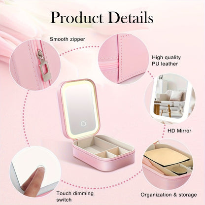 Lighted Makeup Mirror with Travel Case Cosmetic Bag Organizer - Adjustable 3-Color LED Light 1200mAh Rechargeable Portable Vanity Mirror for Women Gift