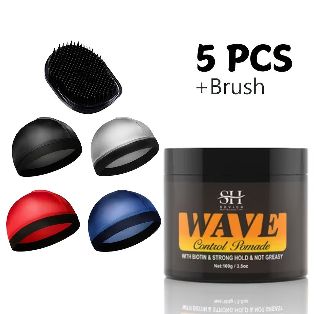 360 Wave Pomade for Men — Strong Hold Hair Styling with Silky Shine & Layered Wave Control, Glycerin Formula, 4-Piece or 5-Piece Set with Silky Durag & Wave Brush, 100g