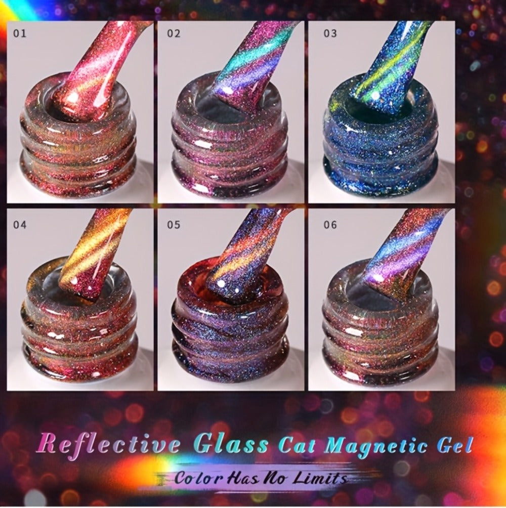 BORN PRETTY 0.34oz 6pcs Double Light Reflective Glass Cat Magnetic Gel Polish for Halloween Party Sparkling Rainbow Color Gel Soak Off