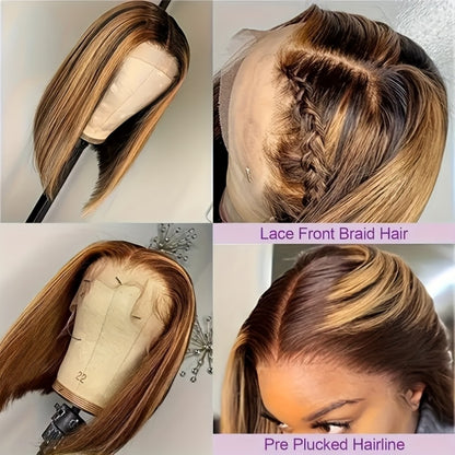 Lace Front Bob Wig 5x1 Short Straight P4/27 Honey Highlight 180% Density Glue Free Wear and Go Pre-Painted Pre-Styled Human Hair Wig Women 8-14 Inch