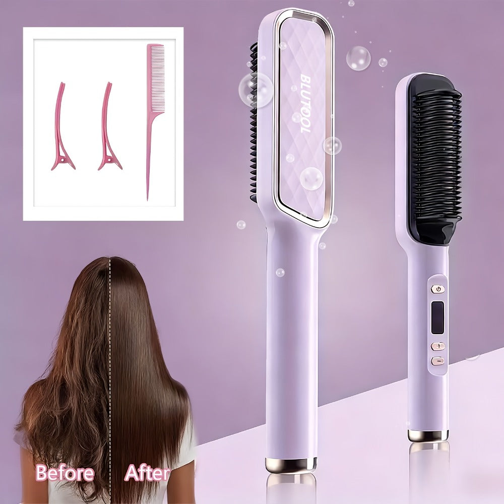 Hair Straightener Brush, 10s Fast Hair Straightener Comb Straightening Brush for Women, LCD Display, 5 Temps Flat Iron Brush, Anti-Scald (Includes Two Extra Clips And One Comb)