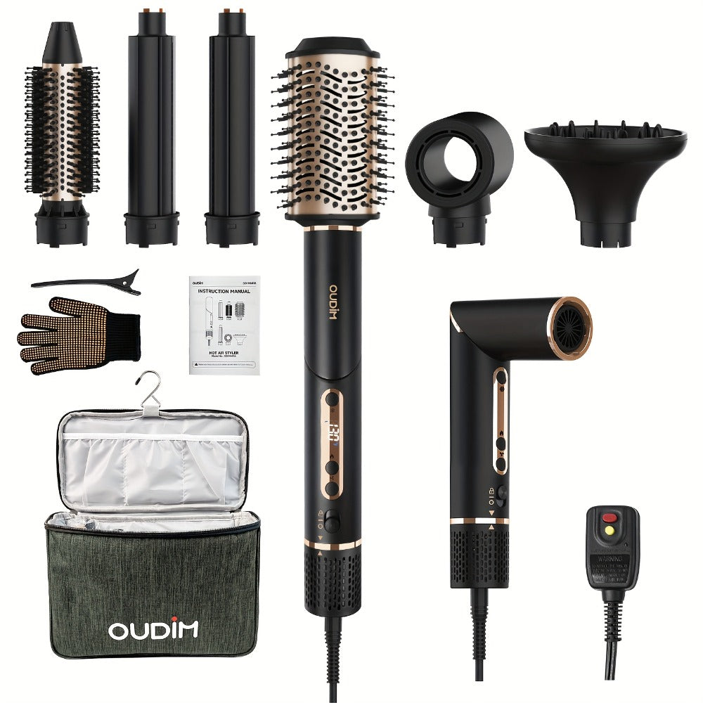6-IN-1 Multi-Functional Hot Air Comb, Negative Ion Hair Dryer Brush And Styler, 110, 000 RPM High-speed, Frizz-free Hot Air for Rapid Drying, Air Styling Comb, Curling Iron, Straightener, Auto-winding Curling Rod, Foldable Handle, with A Storage Bag
