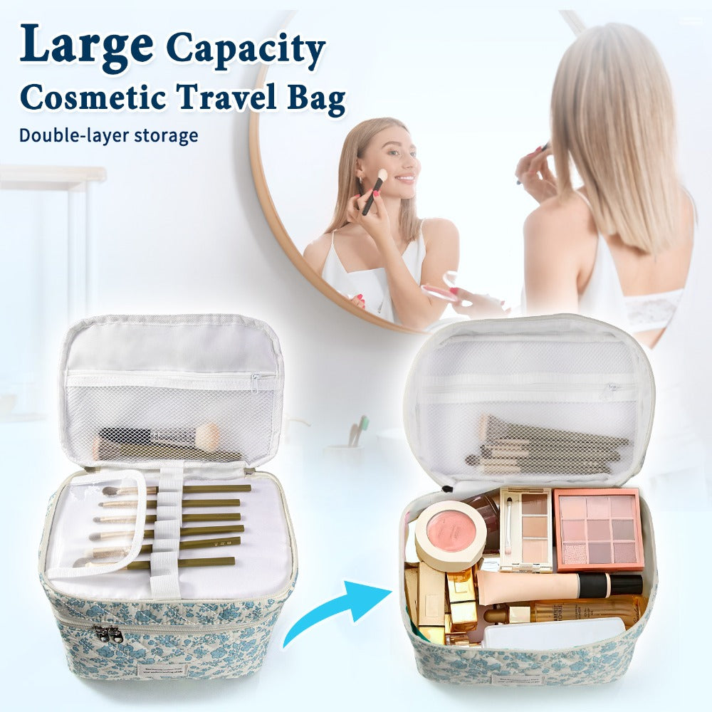 Large Capacity Dual Layer Cotton Makeup Cosmetic Bag (3PCS), Cute Quilted Travel Coquette Aesthetic Floral Make up Bag for Women Toiletry Bag (Blue Rose)