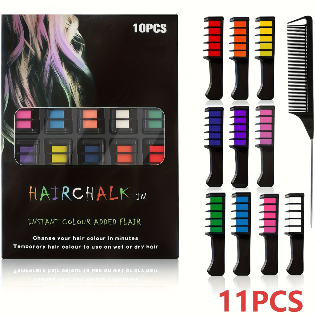 10color Hair Chalk Comb+1comb, Y2K Hair Chalk Comb, Temporary Washable Hair Color Dye for Birthday Halloween Christmas Stocking Stuffers, 11pcs Hair Chalk Comb