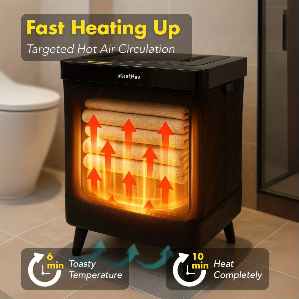 A Towel Warmer Suitable for Bathrooms, a Foldable Towel Bucket, Blanket Warmer, with a Large 35-liter Capacity for Fast. Features and Drying Modes, a Timer Function, and Comes with 6 Tablets. The Perfect Holiday Gift and a Must-have for Staying Warm!