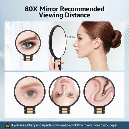 80X Handheld Magnifying Mirror with 1X 80X Magnification, 360° Adjustable Handle Portable Travel Mirror for Makeup Skincare Beard Trimming, Compact Beauty Mirror Gift for Women