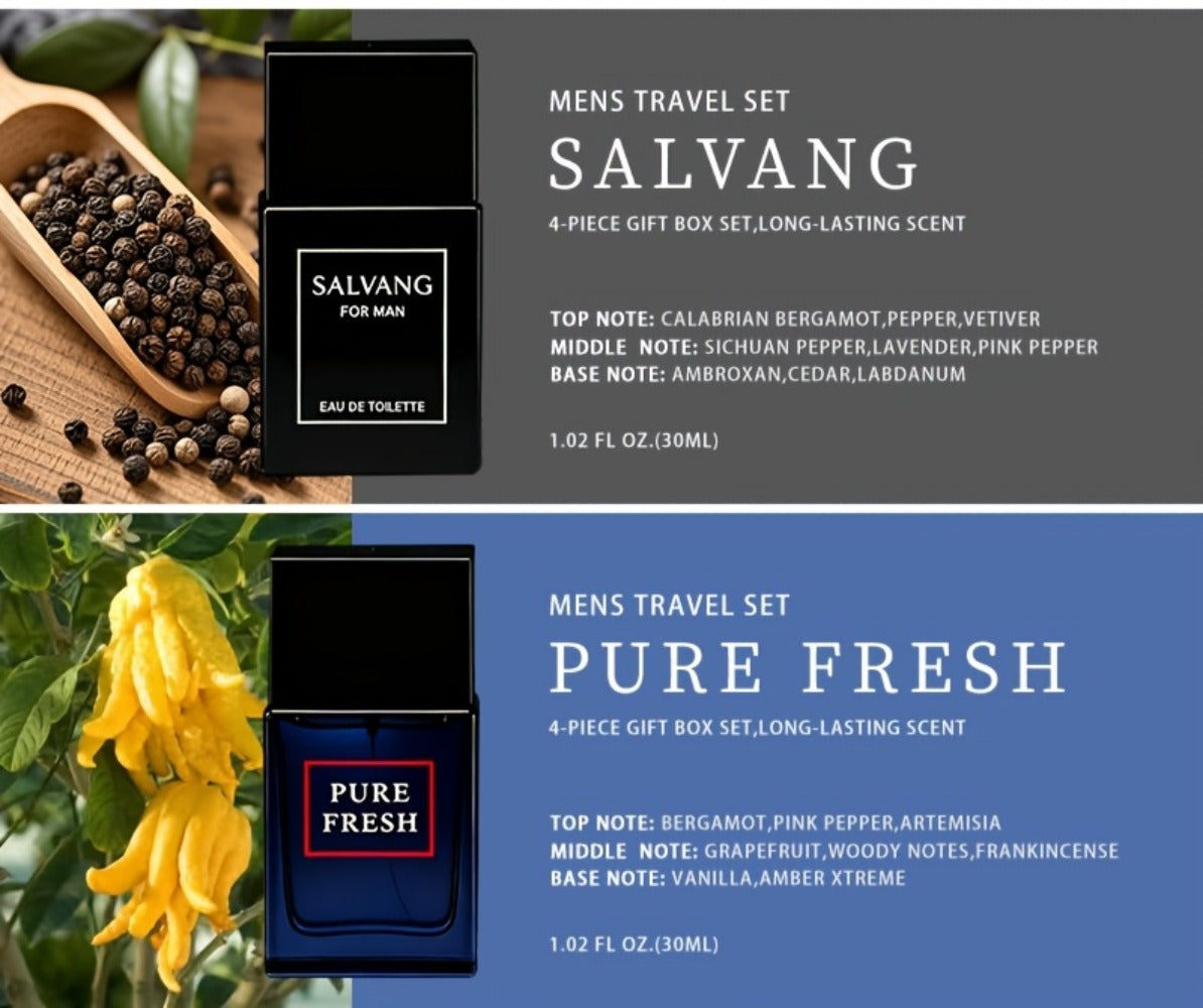 Cologne Gift Set for Men 4-Pack Fresh Eau de Parfum Long Lasting Crisp Scents 1 fl oz Each with Optional 1.5oz Body Mist Bundle Perfect Gift for Him