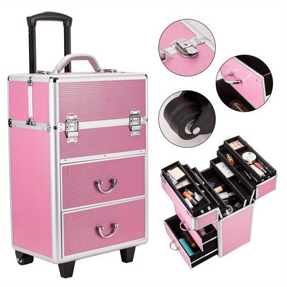 Makeup Train Case 4 Tier Lockable with Extendable Trays Large Capacity Cosmetic Organizer Box for Makeup Artists Salon Professional Beauty Storage Portable Travel Case Pink