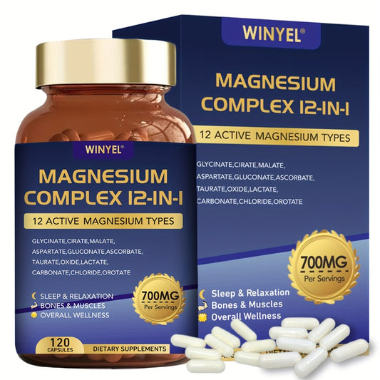 12-in-1 Magnesium Complex Supplement 700 MGwith Glycine, Citrate, Malate, Oxide, Taurine, Aspartate, And Magnesium Phosphate for Sleep, Mood, Nerve, Heart Health, Muscle Function, 120 Capsules