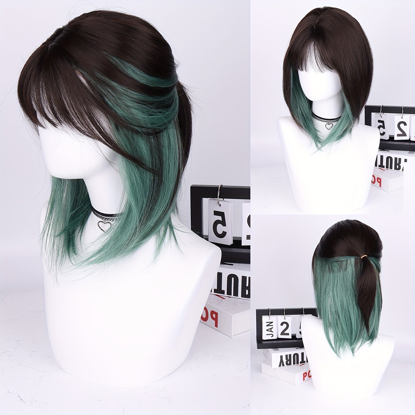 Synthetic Bob Wig with Bangs Ombre Color — 150% Density, Short Straight, Rose Net Cap, Brown Black with Wine Red, Pink or Green, 16 Inch, Halloween Cosplay Party