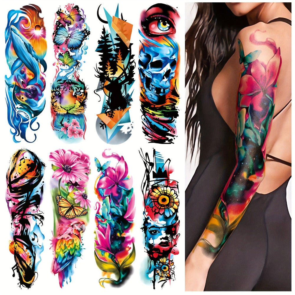 Temporary Tattoos Full Arm 46 Sheets | Waterproof Long-Lasting Body Art Stickers for Men & Women | Colorful Floral Geometric Portrait Ink Painting Style | Realistic Festive Tattoo Design Set