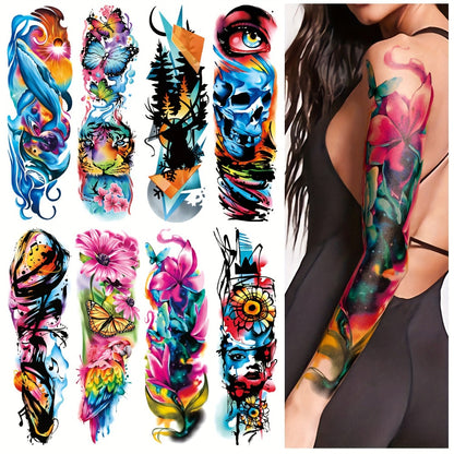 Temporary Tattoos Full Arm 46 Sheets | Waterproof Long-Lasting Body Art Stickers for Men & Women | Colorful Floral Geometric Portrait Ink Painting Style | Realistic Festive Tattoo Design Set