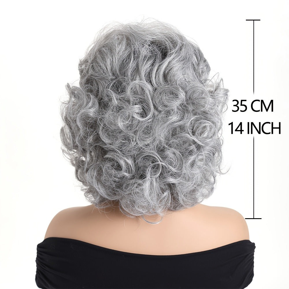 Curly Wig with Slanted Bangs Short 14 Inch — Heat Resistant Synthetic Rose Net Cap, Grey Mixed Dark Brown Light Brown Colors for Women Daily Wear Halloween Festivals Cosplay