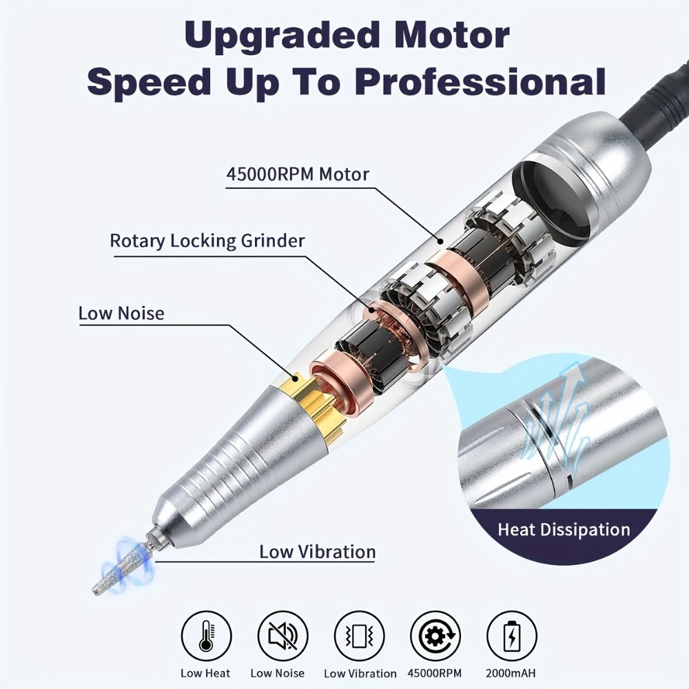 45000RPM Electric Nail Drill Machine with LCD Display Low Noise Rechargeable Manicure Machine for Polishing Gel Nail Polish
