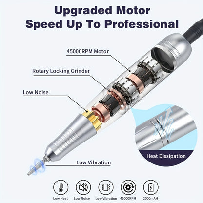 Nail Drill Machine 45000RPM Low Noise Rechargeable — Electric E-File with LCD Display for Gel Polish Acrylic Natural Nails, Professional Quiet Manicure Polishing Tool for Home & Salon, White Purple Pink