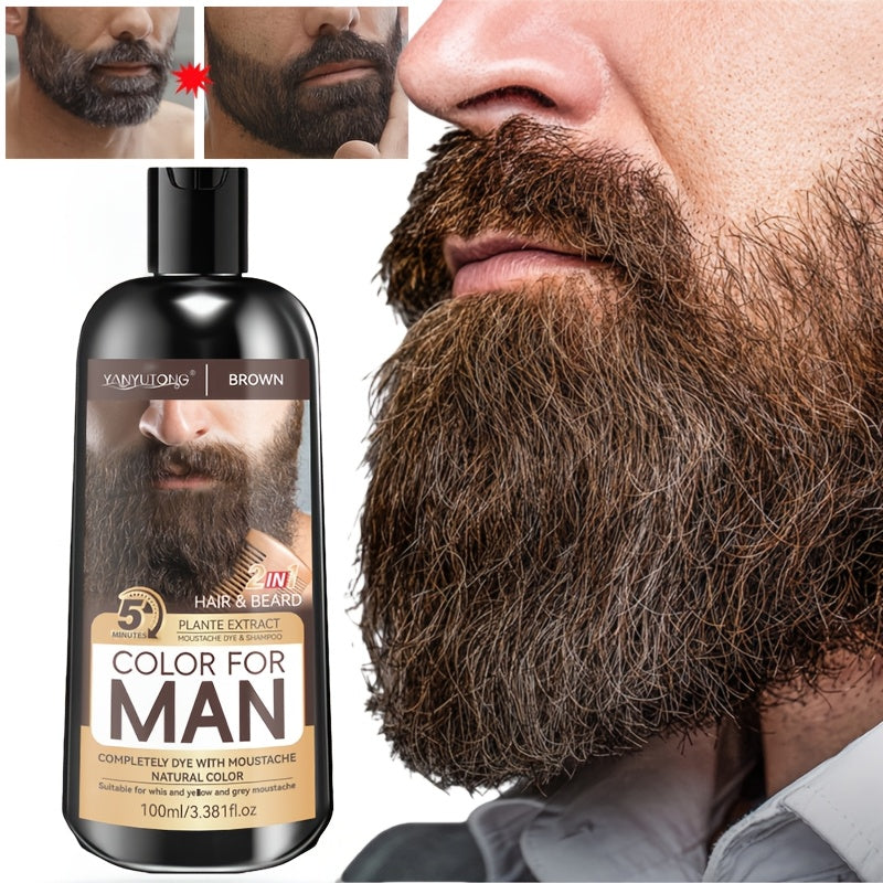 Men's Beard & Hair Dye Shampoo — 2-in-1 Semi-Permanent Color, Natural Ingredients, Covers Gray Fast, Sulfate-Free, Black Brown Chestnut Brown, for Beard & Sideburns