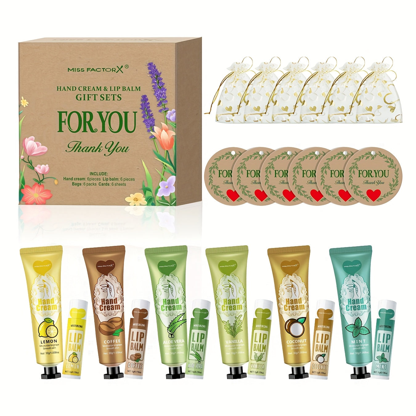Hand Cream and Lip Balm Gift Set 24pcs Moisturizing Hydrating Formula with Glycerin and Hyaluronic Acid Includes Thank You Cards and Heart Shaped Gift Bags for Women Bridal Shower Party Favors