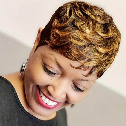 Naseily Short Mixed Wig with Bangs, a Synthetic Pixie Cut Designed for Women, Featuring a Blend of Blonde And Brown Colors, Perfect for Short Hairstyles
