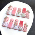10pcs 1.18inch Long Duckbill Sugar Bear Press-On Nails, Pink And White French Glitter AB Multi-Color Glass Rhinestones, Cute Cartoon And Sparkling End, Handmade Wearable False Nails for Wedding, Party, Back-To-School Gifts