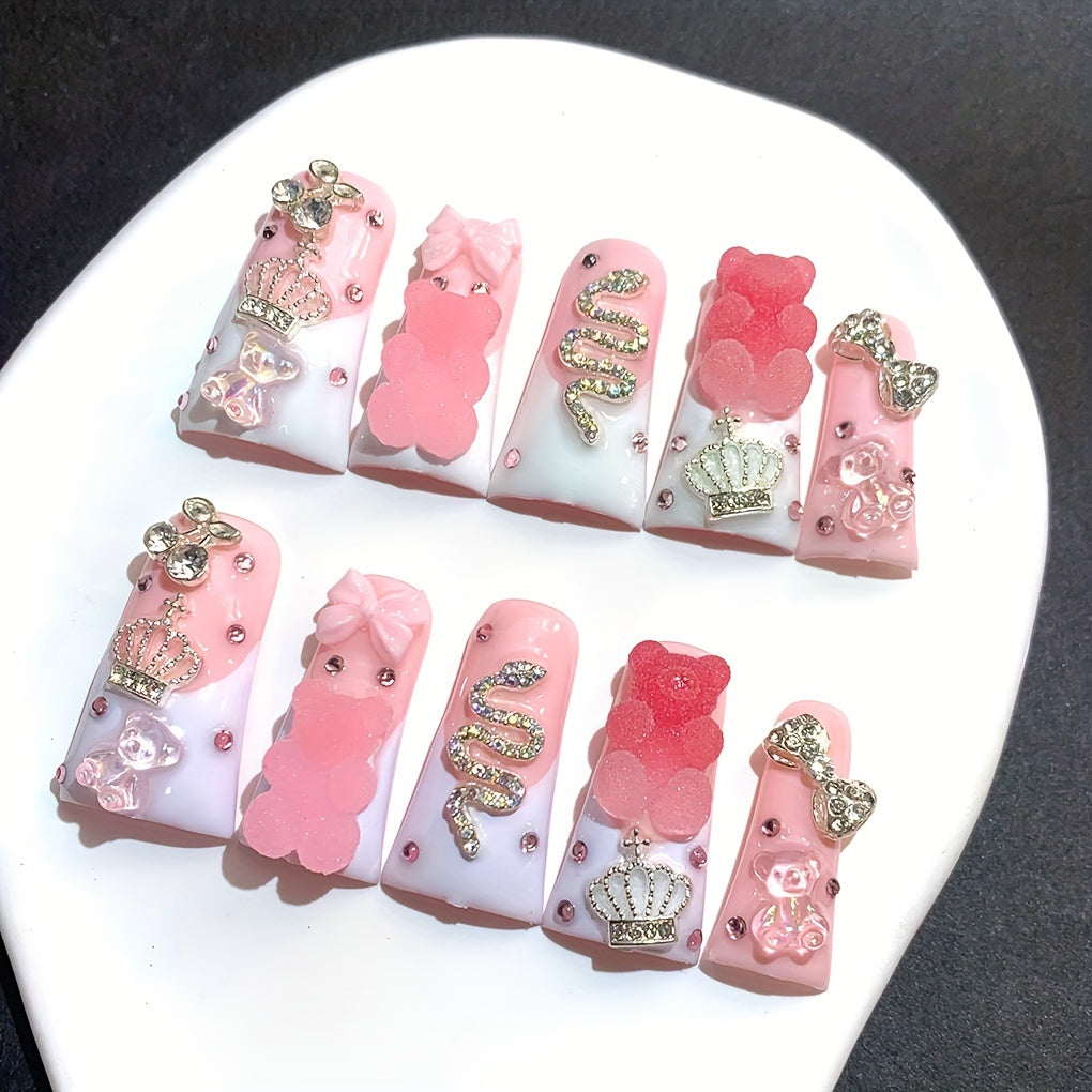 10pcs 1.18inch Long Duckbill Sugar Bear Press-On Nails, Pink And White French Glitter AB Multi-Color Glass Rhinestones, Cute Cartoon And Sparkling End, Handmade Wearable False Nails for Wedding, Party, Back-To-School Gifts