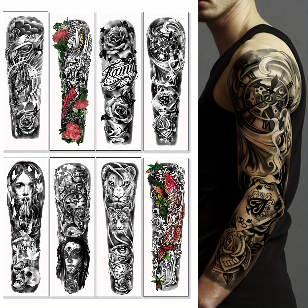 8 Sheet Large Size Black Full Arm Temporary Tattoo Stickers - Waterproof, Long-Lasting, Realistic Designs for Men & Women, Featuring Koi, Dragon, Lion, Floral & Geometric Patterns, Perfect for Street Punk Style, Tattoo Supplies