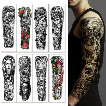 Large Full Arm Temporary Tattoo Stickers 8 Sheets Waterproof Long Lasting Black Realistic Koi Dragon Lion Floral Geometric Designs for Men Women Street Punk Style Body Art
