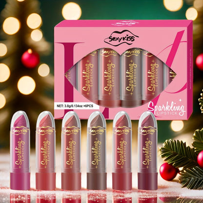 Shimmer Lipstick Set 6PCS in Gift Box - Glossy Shimmering Water-Resistant Long-Lasting Lip Color Assorted Shades for All Skin Tones Buildable Pigment Lipstick Collection for Women