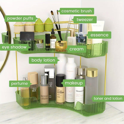 Bathroom Counter Organizer 2-in-1 Corner Shelf 2-Tier 3-Tier Space-Saving Makeup Skincare Storage with Brush Holder No-Tool Install Portable Vanity Dresser Kitchen