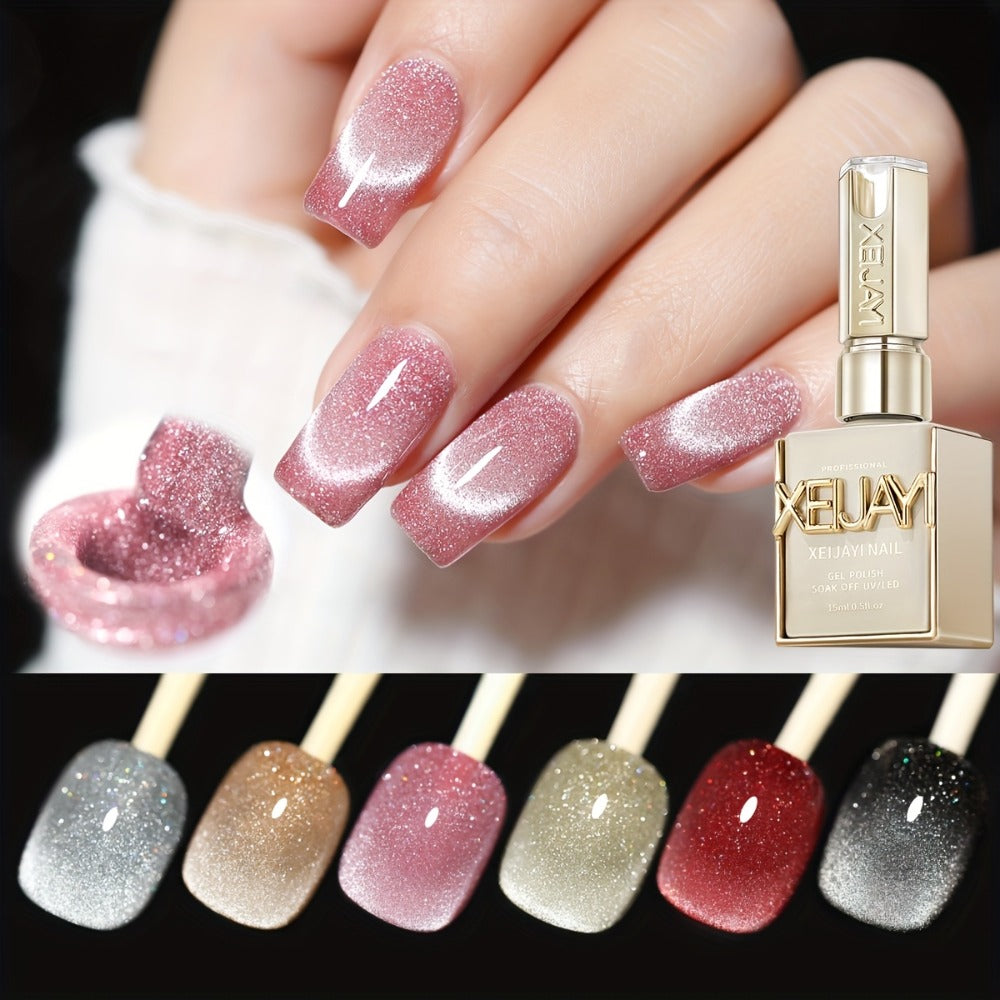 Cat Eye Nail Trends 2025 Holographic Nail Art 6Colors Set 0.51oz Reflective Cat'S Eye Magnetic Nail Gel Soaking LED Gel Salon Female Nail Art Tools Fashion Nail Gel