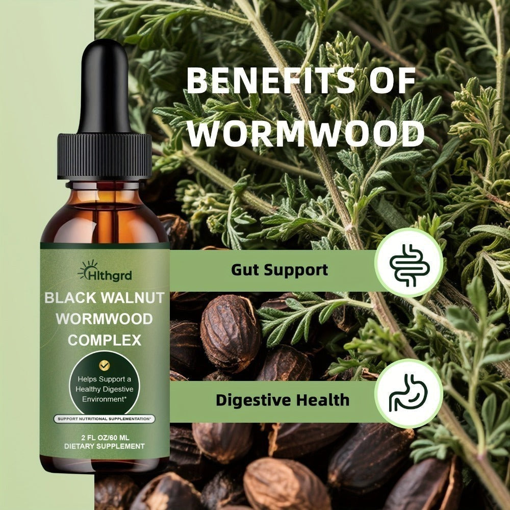 HIthgrd Wormwood Black Walnut Clove Complex Liquid Extract Liquid Drops for Improve Digestive, Gut Support Cleansing Orange Flavor 2fl.oz Suitable for Women Men Black Walnut Wormwood Clove Herbal Supplement