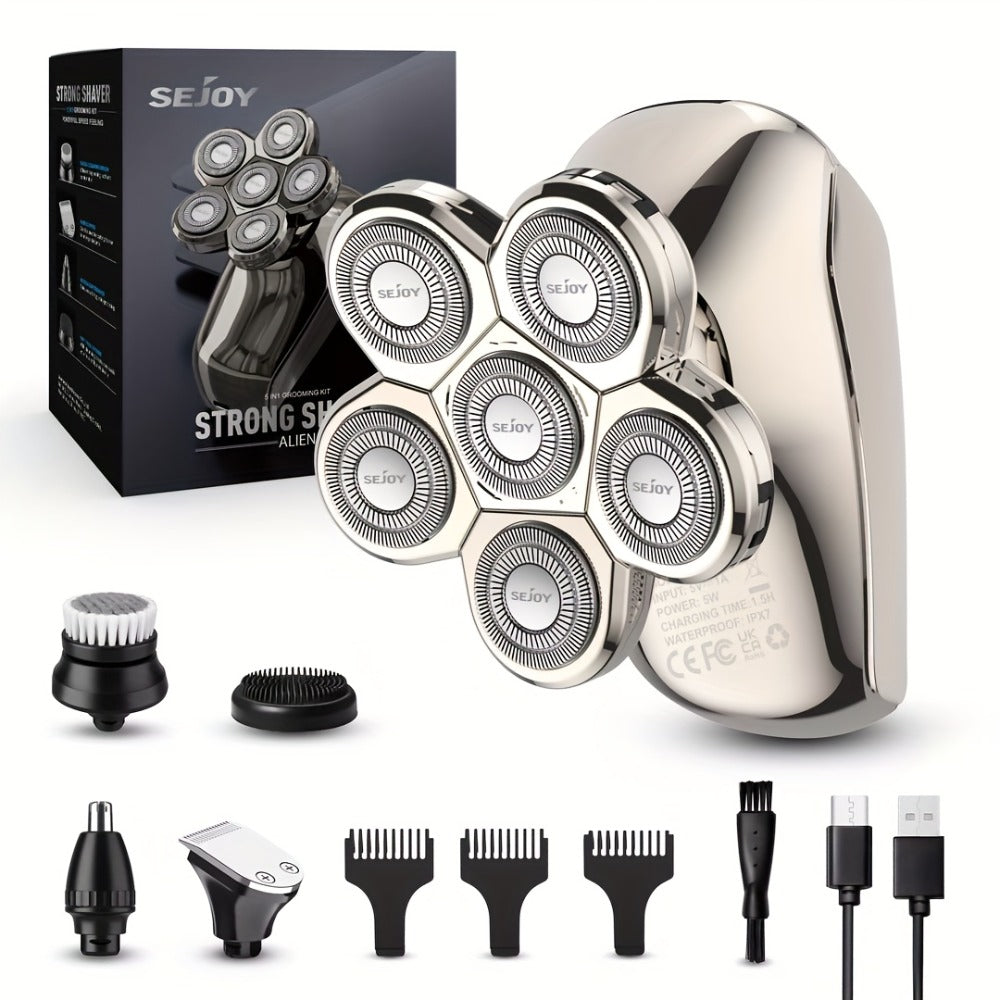 Head Shaver for Bald Men 7D Waterproof Wet Dry Electric Razor 5-in-1 Grooming Kit Type-C Rechargeable 6500-7500RPM Rotary Shaver with Nose Hair Trimmer
