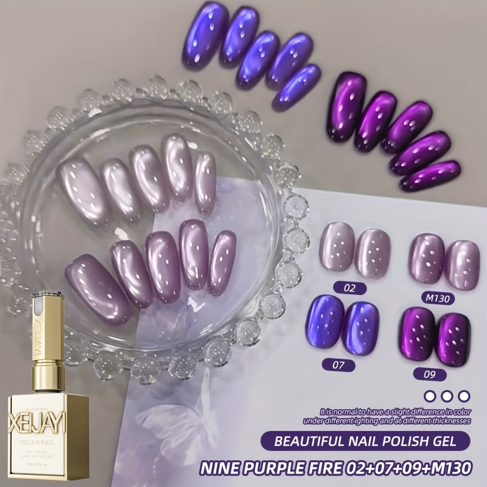 XEIJAYI Frame Bottle Nine Purple Fire + M130 - A New Set of Nail Art Featuring Super Bright Cat Eye Gel in Four Colors, Showcasing an Ultra-Glossy Glass Bead Effect with a Purple Iridescent End