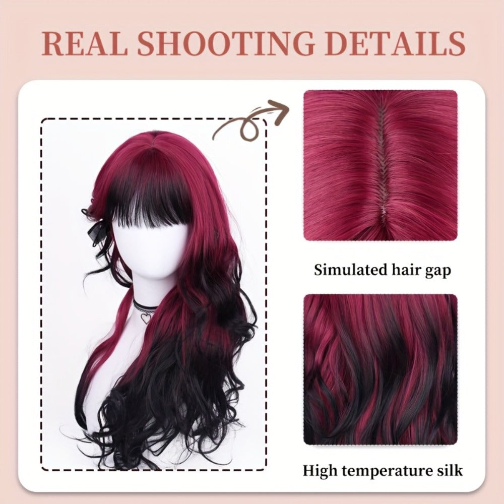 Long Curly Wavy Wig 28 Inch Synthetic Black Red Highlights for Women Rose Net Cap Cosplay Party Daily Wear Glamorous Voluminous Hair