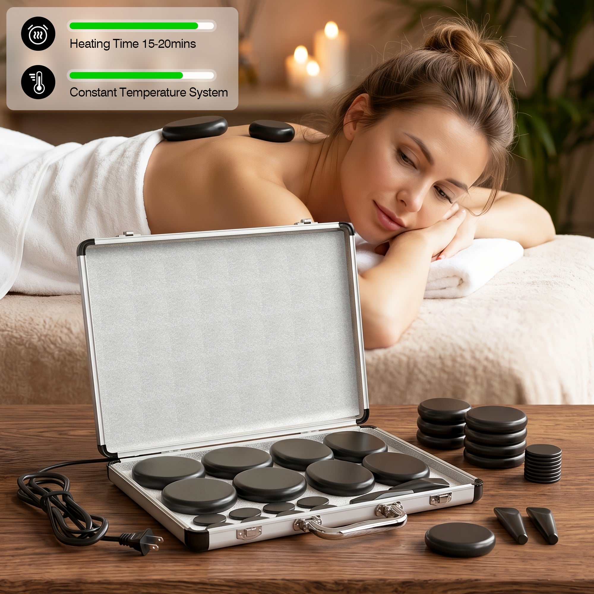 18pcs Hot Stones for Massage with Warmer, Massage Stones with Heater Kit for 4 Sizes, Hot Stone Massage for Professional Or Home Spa Warming Relaxing