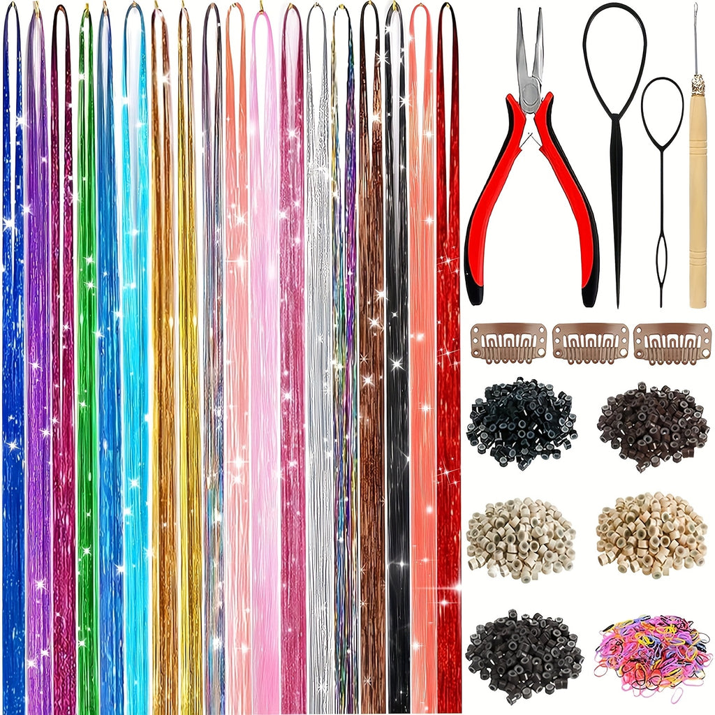 18 Colors Glitter Hair Tinsel Extensions Kit - 7700 Strands with Tools & Beads, 53 Inch Heat Resistant Sparkly Fairy Hair Additions for Women And Adults Over 18, Christmas Party Festival