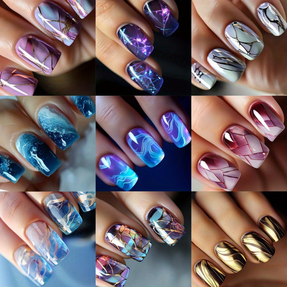 Press on Nails with Marble Texture 215pcs (9pcs) Fake Nails Gradient Designs Brown Lines Acrylic Nails Glossy Yellow Short Square Shaped False Nails Full Cover Stick on Nails for Women DIY Manicuare