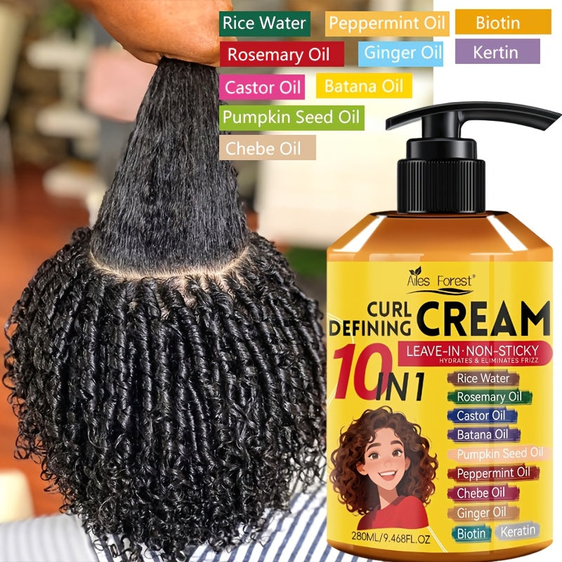 1 Bottle 9.47 oz 10-in-1 Curl Defining Cream | Moisturizing, Leave-in Non-Sticky Styling Cream for Adults - Enhances Curl Definition and Hydrates Hair, Suitable for Normal, Wave, and Curly Hair, Unisex, Fashionable Bottle Design