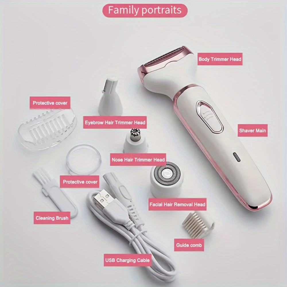 4In1 Women'S Electric Hair Remover Multifunctional Women'S Electric Shaver Trimmer Set Bikini Line Trimmer for Women USB Rechargeable for Eyebrows, Nose, Face Legs Hair Removal Portable Gentle Perfect Gift for Women