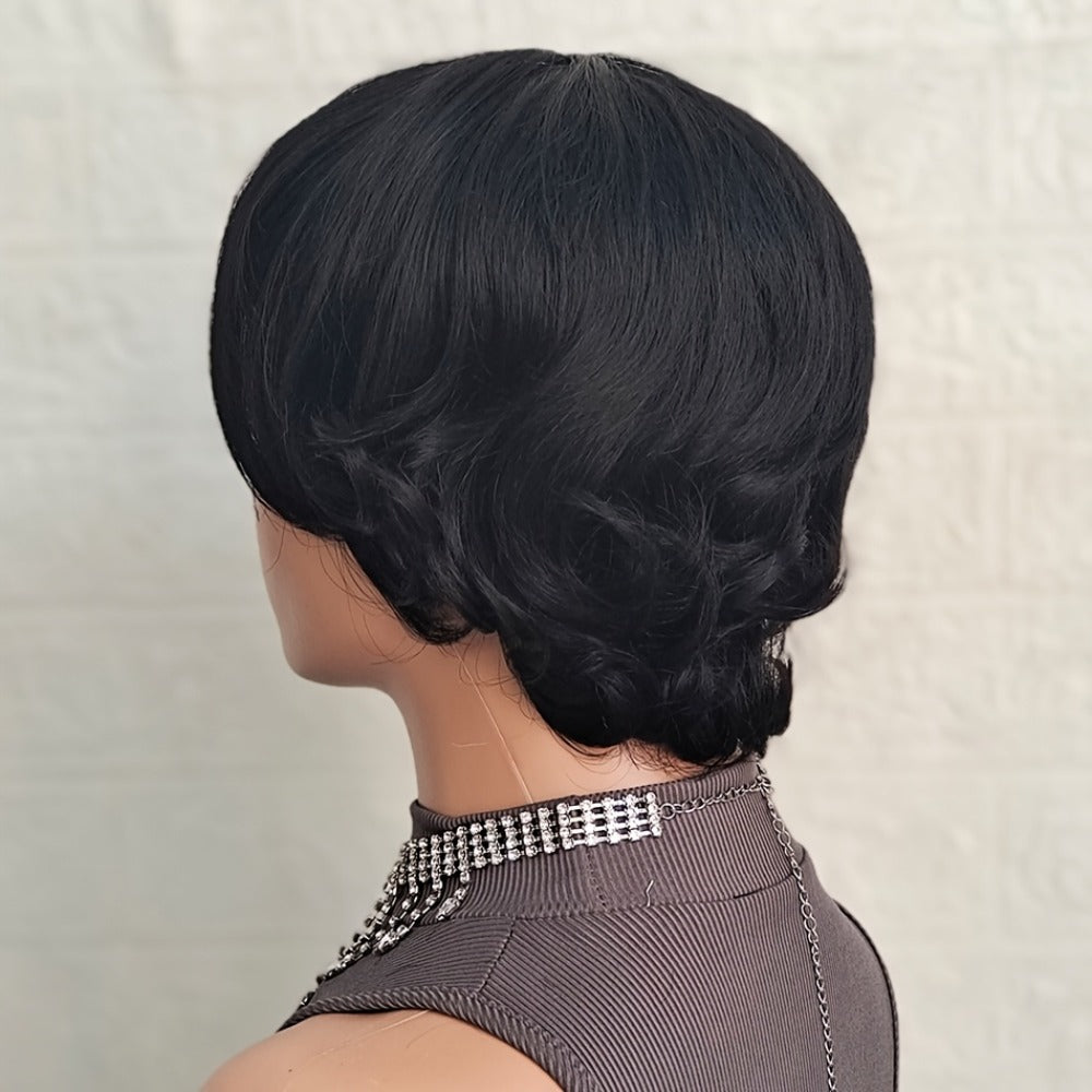 Pixie Cut Wig Human Hair with Bangs — Glueless Short Brazilian Layered Machine Made Throw-On-and-Go Hairpiece, Natural Black & Brown Colors for Women Daily Wear