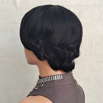 Pixie Cut Wig Human Hair with Bangs — Glueless Short Brazilian Layered Machine Made Throw-On-and-Go Hairpiece, Natural Black & Brown Colors for Women Daily Wear